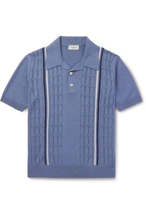 PIACENZA 1733 Slim-Fit Striped Pointelle-Knit Silk and Cotton-Blend Polo Shirt