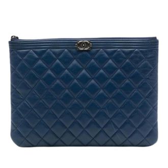 Chanel Pre-owned Quilted Leather Clutch - Dames - Pre-owned - Blauw - Maat: ONE Size Leer