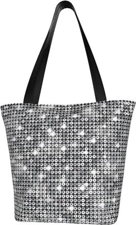AOOEDM Silver Sequin Sparkle Print Reusable Grocery Bag Shopping Bag Casual Shoulder Bag Handbag for Men Women ECO Market Bag Beach Bag Travel Totes