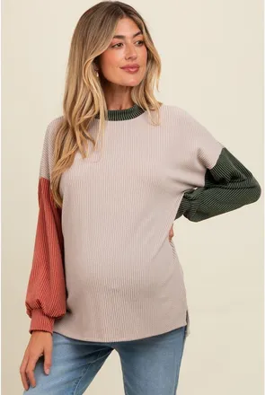 Pinkblush Ribbed Colorblock Side Slit Top in Taupe at Nordstrom, Size X-Large