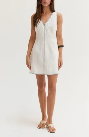 Crescent Contrast Stitch V-Neck Linen Mini Dress in White at Nordstrom, Size X-Small