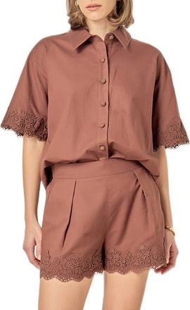 English Factory Embroidered Lace Linen Blend Shirt in Chocolate Brown at Nordstrom, Size X-Small