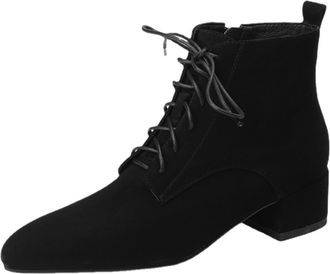 Generic Womens Suede Ankle Boots Pointed Toe Lace Up Block Heels Side Zipper Pull Tab Soft Lining Cushioned Insole Durable Non-Slip Outsole,Black,3.5 UK