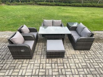 Fimous Rattan Outdoor Furniture Garden Dining Set Rectangular Table & Chair Sofa Set With Side Table Big Footstool in Dark Grey