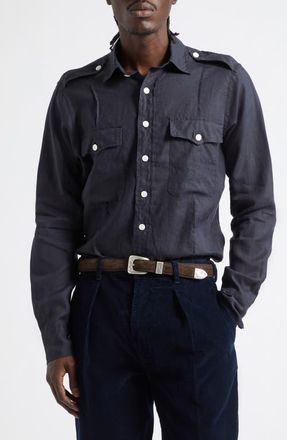 Drake's Pintuck Epaulet Linen Button-Up Shirt in Dark Navy at Nordstrom, Size X-Large