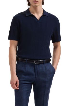 Bugatchi Johnny Collar Basket Stitch Cotton Blend Short Sleeve Sweater in Navy at Nordstrom, Size Xx-Large
