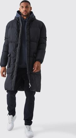 Boohooman Mens Tall 4 Pocket Longline Hooded Puffer Jacket in Black - Size Small