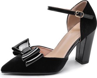 Generic Womens Bowknot Dress Velvet Ankle Strap Chunky Heels Closed Toe Pumps for Bridal Wedding Evening and Party (Black,5.5)