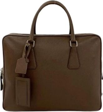 Prada Pre-owned Handbags, female, Brown, Size: ONE SIZE Pre-owned Saffiano Leather Business Bag