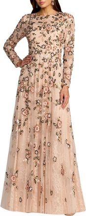 Mac Duggal Embellished Lace Floral Long Sleeve A-Line Gown in Rose Multi at Nordstrom, Size 18