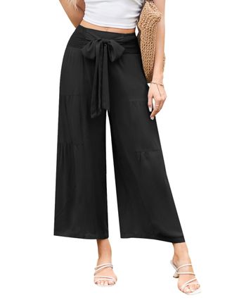 Grace Karin Womens Loose Trousers Fixed Belt Decoration Casual Elastic Waist Long Pants Black M
