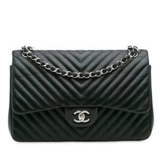 Chanel Pre-owned Womens Jumbo Classic Chevron Lambskin Double Flap - Black Leather - One Size