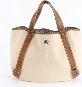 Burberry Beige Leather Canvas Shoulder Bag Tote Bag (Pre-Owned)