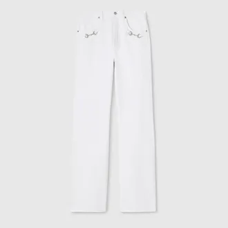 Gucci Cotton Denim Pants With Horsebit Detail, Size 30, White, Ready-to-wear