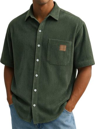 Generic Mens Corduroy Short Sleeve T-Shirts Casual Summer Stripled Button Down Shirts Vintage Beach Hawaiian Textured Shirt Green