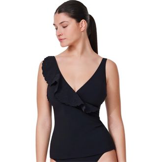 Gottex Bachelorette Ruffle V-Neck Surplice Tankini Top in Black at Nordstrom, Size 10