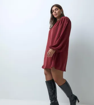 Asos Curve ASOS DESIGN Curve vestito corto girocollo con maniche voluminose bordeaux-Rosso