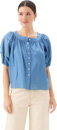 Fifteen Twenty Shay Contrast Stitch Peasant Top In Chambray
