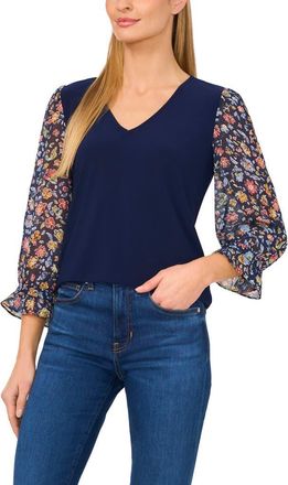 CeCe by Cynthia Steffe Floral Sleeve V-Neck Mixed Media Top in Classic Navy at Nordstrom, Size Medium