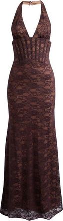 House of CB Saskia Lace Maxi Halter Dress in Chocolate Brown at Nordstrom, Size X-Large