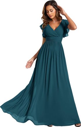 Ever-pretty Women Dresses Bridesmaid Wedding Guest Dress Elegant Chiffon A-Line Ruffles Sleeve Teal 18