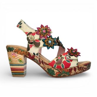 Laura Vita Laura Vita Womens Marlene 12 Beige Floral Leather Wedge Heel Espadrille Sandals - Size EU 39