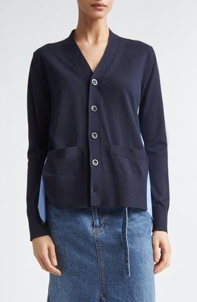 sacai Mixed Stripe Media Poplin & Knit Cardigan in Navy/Blue Stripe at Nordstrom, Size 1