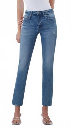 Flying Monkey Mid Rise Ankle Slim Straight Slight Distressed Jeans In Medium Wash
