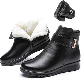 Generic Womens Buckle Leather Boot, Orthopaedic Platform Non-Slip Ankle Boots, Side Zipper Chunky Heel Warm Snow Boots, Short Booties for Winter (3.5,Black B)