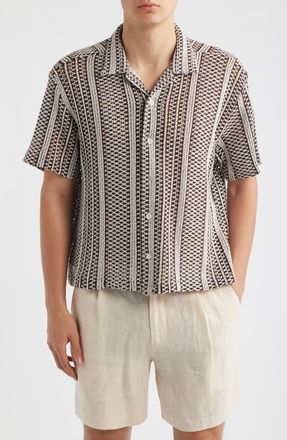 Percival Hugh Openwork Stripe Camp Shirt in Brown /White at Nordstrom, Size Xx-Large