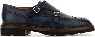 Santoni Navy Blue Leather Lace Up Shoes