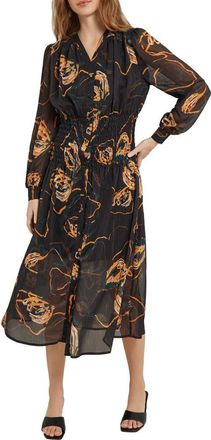 Misook Print Smocked Waist Long Sleeve Midi Dress in Black/Ochr/Mul at Nordstrom, Size Large