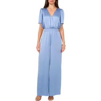 Vince Camuto Flutter Sleeve Wide Leg Satin Jumpsuit in Lake Breeze at Nordstrom, Size Medium