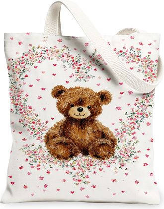 Generic Floral Bear Canvas Tote Bags, Cute Animal Pattern Reusable Grocery Bags, Spring Vintage Lightweight Washable Canvas for Tra, White, 13x15 Inch