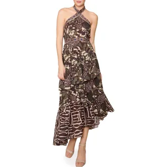Melloday Mixed Print Tiered Asymmetric Hem Halter Dress in Brown/Multi Geo at Nordstrom, Size X-Small