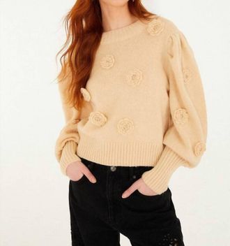 Farm Rio Crochet 3D Flower Dropped Shoulder Knit Sweater In Sand