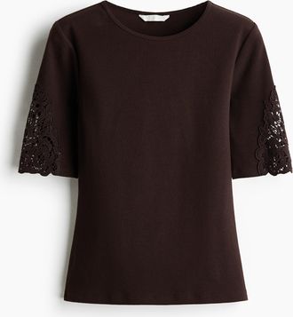 H&M Geripptes Shirt mit Spitze - Brown