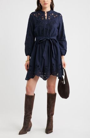Chelsea28 Embroidered Long Sleeve Tie Waist Minidress in Navy Night at Nordstrom, Size Xx-Small