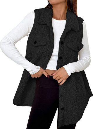 Generic Teddy Fleece Gilet for Women - Long Fuzzy Soft Vest, Longline Bodywarmers Sleeveless Lapel Button Down Waistcoat, Sherpa Fluffy Tops, Ladies Solid Col