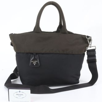 Prada Black Khaki Leather Nylon Shoulder Bag Tote Bag (Pre-Owned)