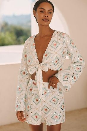 Blithe Mirror Geo Long-Sleeve Tie-Front Top