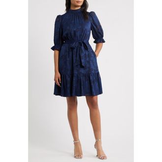 Eliza J Floral Jacquard Metallic Stripe Chiffon Dress in Navy at Nordstrom Rack, Size 14