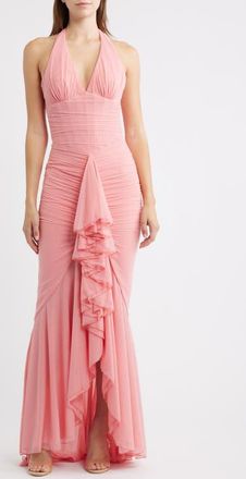 House of CB Carmine Mesh Halter Neck Waterfall Gown in Raspberry at Nordstrom, Size X-Large