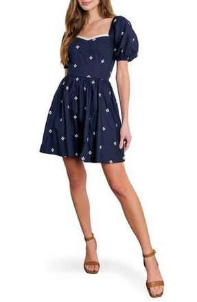 Flying Tomato Floral Embroidered Puff Sleeve Cotton Minidress in Navy at Nordstrom Rack, Size Large