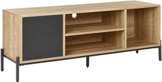 Beliani Mueble Tv Madera Clara Gris Negro 140 X 40 Cm Mdf Armario Estantes Moines