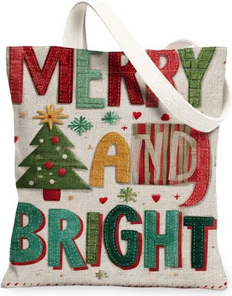 Generic Merry Bright Canvas Tote Bags, Holiday Tree Design Reusable Grocery Bags, Vintage Lightweight Washable Shoulder Strap for O, Red, 13x15 Inch