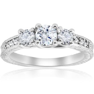 Pompeii3 1ct Vintage Diamond Three Stone Engagement Ring 14K White Gold Size Selectable