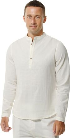 Hoerev Mens Henley Beach Long Sleeves Linen Cotton Shirt,X-Large,White