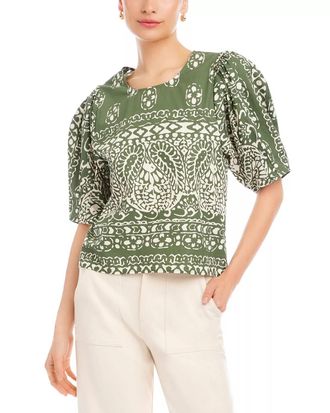 Fifteen Twenty Rosie Puff Sleeve Top In Green/off-White