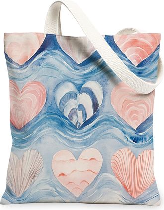 Generic Hearts Waves Canvas Tote Bags, Artistic Love Pattern Reusable Grocery Bags, Summer Lightweight Washable Shoulder Strap Canvas for Beach Travel Picnic 